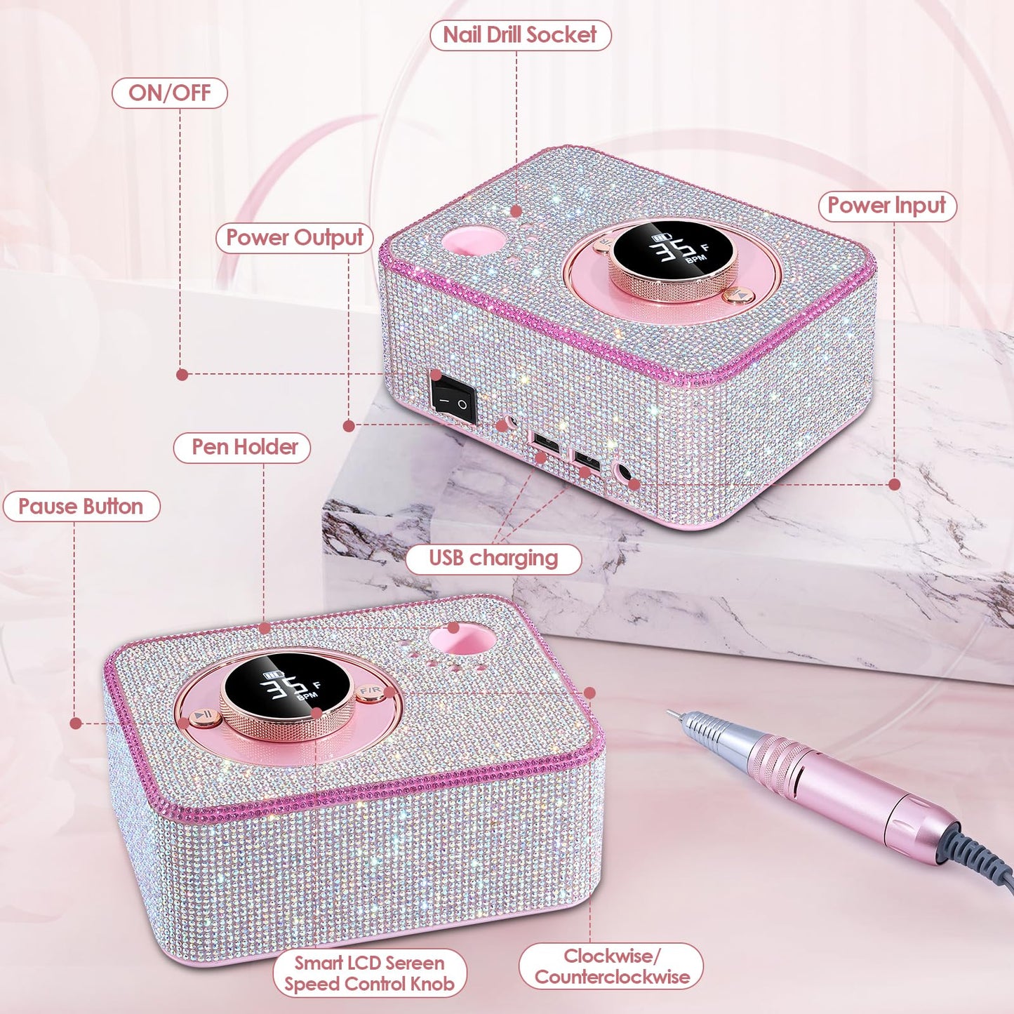 ANBEISTEE Electric Nail Drill 35000 RPM, Professional Rechargeable Nail File Kit, Nail Drill Machine, Acrylic Nail Kit for Any Manicure, Pedicure, Ideal Nail Art Tools, Designed for Salon, Home
