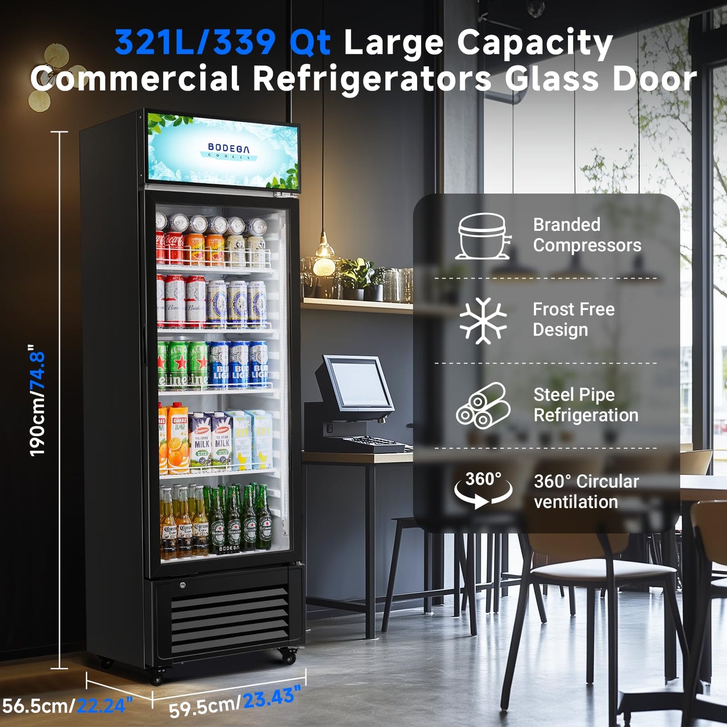 BODEGACOOLER Beverage Refrigerator, 321L/339 Qt Commercial Refrigerator For Kitchen, Home,Office and Garage, 300 Cans & 160 Bottles Display Refrigerator For Beer,Soda, Bar Cooler with Soft LED Light.