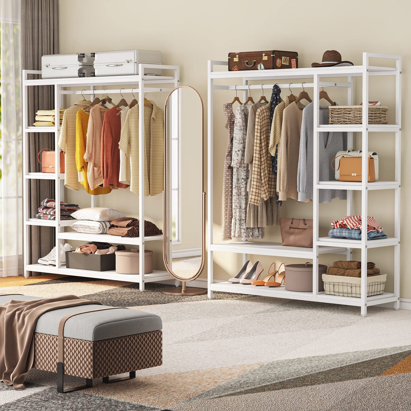 LITTLE TREE Free Standing Wood Closet Clothes Rack,Heavy Duty Grament Rack with Shelves,Hanging Racks for Clothes Clothing Rack for Bedrom,Wardrobe Closet Organizer,350 lb Capacity