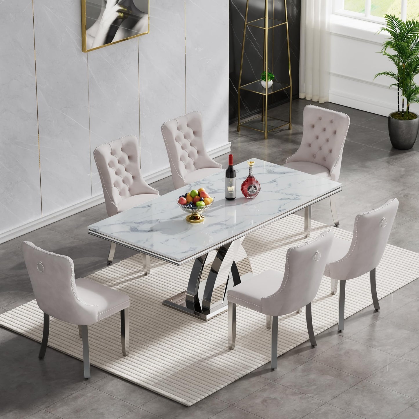 68" White Marble Dining Table Set for 6, Modern 7-Piece Faux Marble Kitchen Dining Room Table Set w/Steel X-Base & 6 Beige Velvet Dining Chairs, Luxury Silver Kitchen Table and Chairs Set of 6