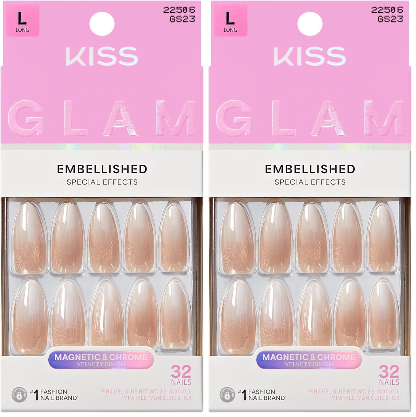 Kiss Glam, Press On Nails, Nail glue included, 'Day n Night', Beige, Long Size, Almond Shape, Includes 32 Nails, 2g Glue, 1 Manicure Stick, 1 Mini File (Pack of 2)