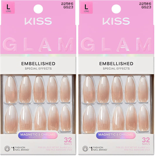 Kiss Glam, Press On Nails, Nail glue included, 'Day n Night', Beige, Long Size, Almond Shape, Includes 32 Nails, 2g Glue, 1 Manicure Stick, 1 Mini File (Pack of 2)