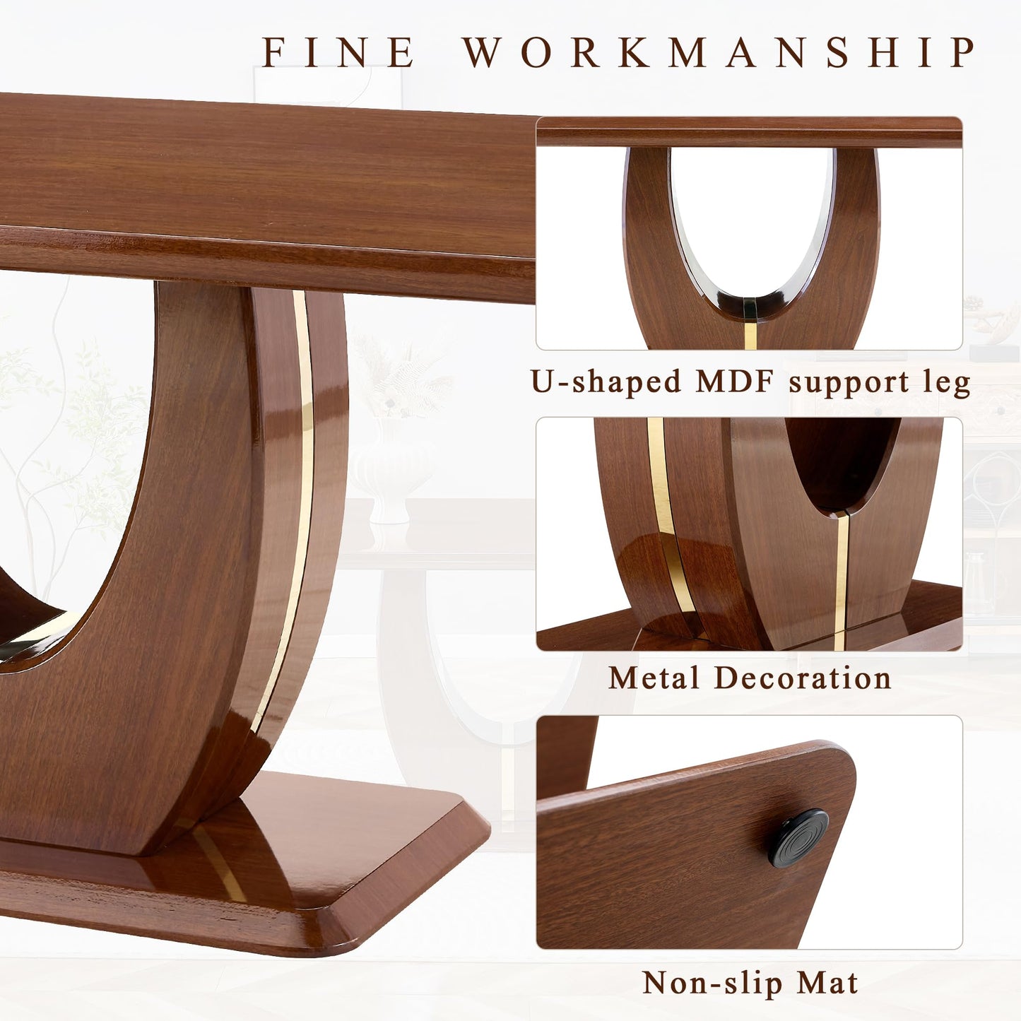 JUFU Modern Dining Table Set for 6, 63'' Kitchen Table Set with Faux Marble Tabletop and 4 PU Leather Upholstered 007 Brown Chairs, Dinner Table Set for 6, Ideal for Dining Room and Kitchen