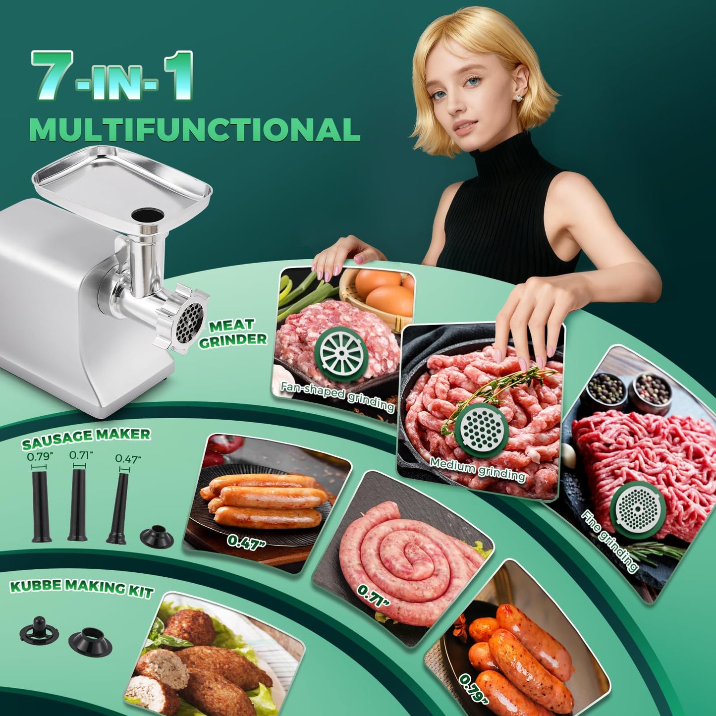 Huanyu Electric Meat Grinder Sausage Maker Machine 2800W Max Heavy Duty with Stainless Steel Blade&3 Grinding Plates, Sausage Stuffer Tubes & Kubbe Kit for Home Kitchen Using