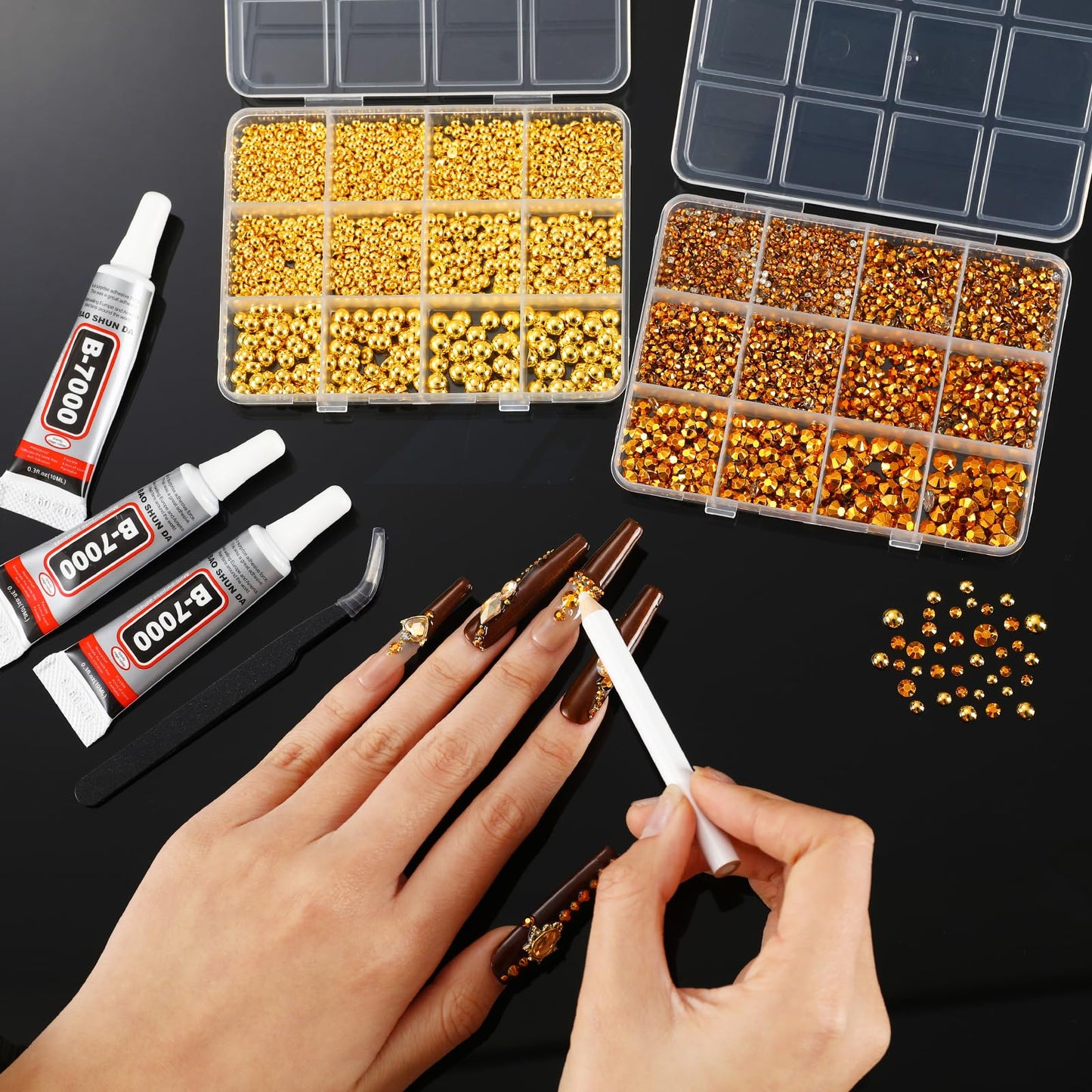 LERBOU Gold Nail Charms and Gems Set, 4 Boxes DIY Nail Decorations Kit, Gold 3D Cross Flowers Nail Art Charms, Champagne Rhinestones Gems Charms Y2K for Nails, Cool Punk Style Nail Charms