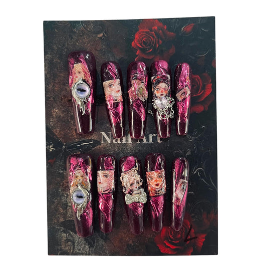 Press on Nails Handmade Nails 10Pcs Dark Gothic Style Manual Press on Nails Pink Sculpture Fake Nails for Women Party Holiday Photo 4.0CM 4.0CM Size S
