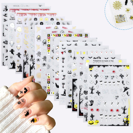 SIUSIO 15 Sheets Halloween Nail Art Stickers Cute Pumpkin Skull Ghost Party Theme 3D Self-Adhesive Horror Witchy Bat Poker Black Nail Decals Nail Supplies DIY Nail Stickers for Women Girls Kids Decor