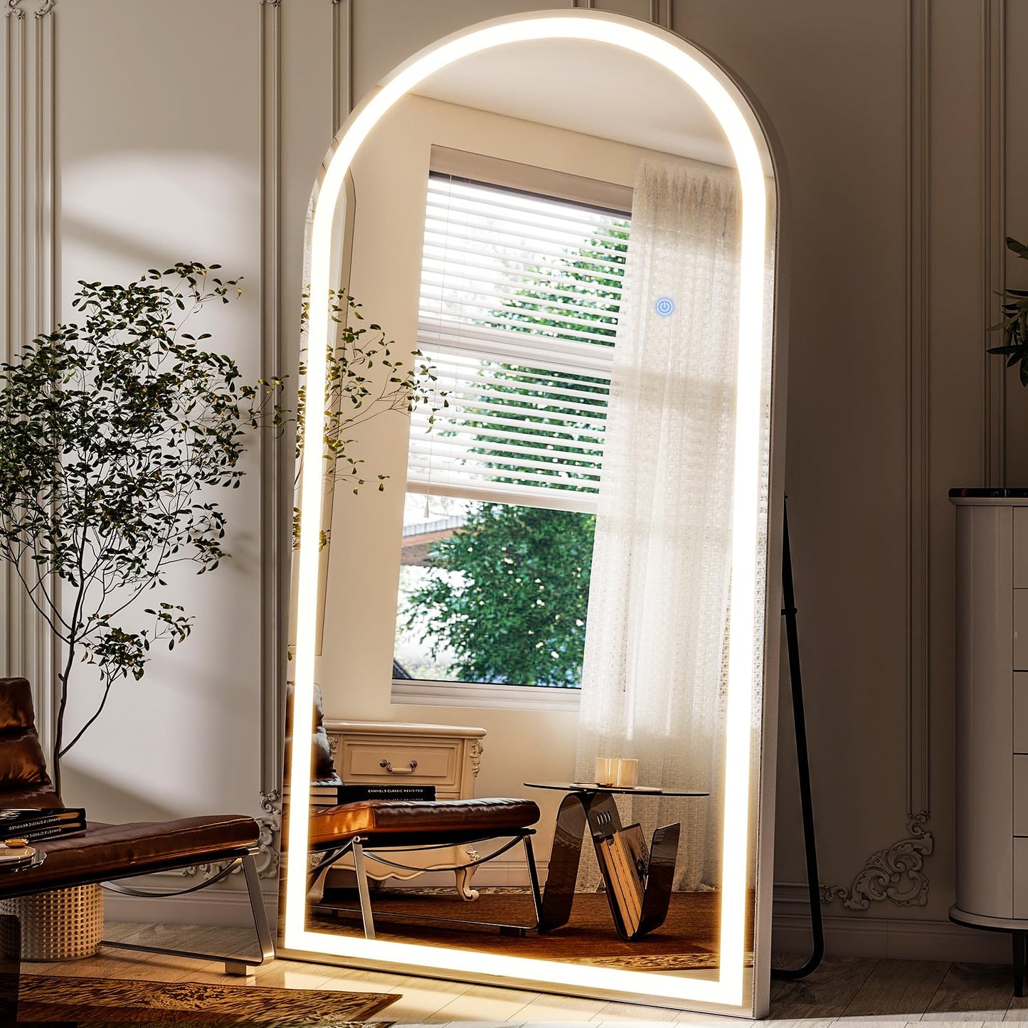 GLSLAND 34"x76" Arched LED Full Length Mirror with Lights Wall Mounted/Standing, Dimmable Floor Lighted Mirrors W/Anti-Fog, Touch Control for Bedroom, Dressing Room