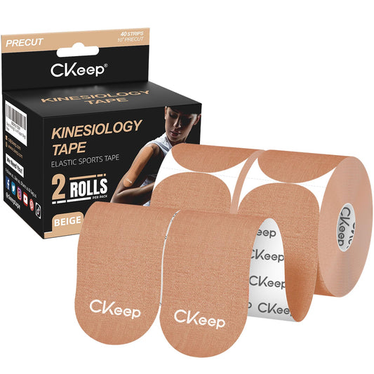 CKeep Kinesiology Tape, 2 Rolls Cotton Latex Free Hypoallergenic Elastic Precut Strips, 2 Inch Wide Waterproof Athletic Tape for Knees Pain Injuries Sprains, Beige