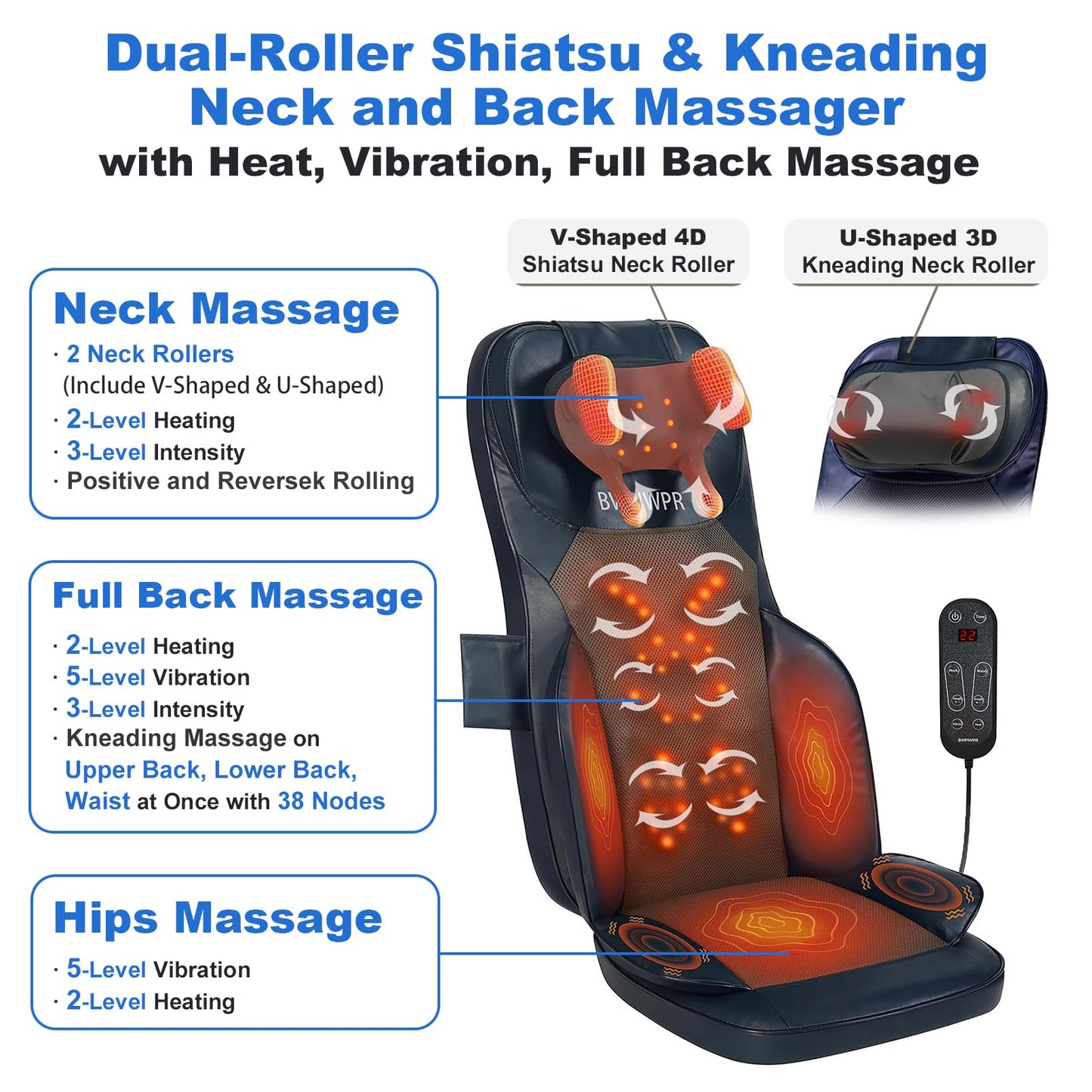 BWPIWPR Shiatsu Massage Cushion for Neck and Back with Heat - 4D Kneading, Vibration for Relief Muscle Tension, Dual-Neck Design, Adjustable Intensity and Height for Office Chair, Home Use, Navy Blue