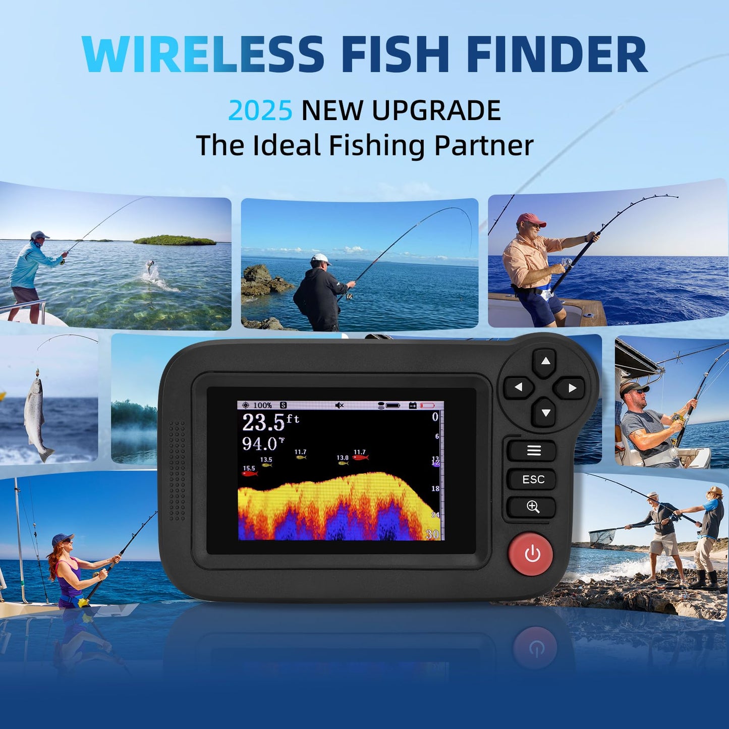 Portable Rechargeable Fish Finder, Wireless Sonar FishFinder, Castable Kayak Depth Finder with 105° Beam Angle and TFT LCD Display, 2.6-164 FT of Depth Locator, for Shore, Sea ＆ Ice Fishing