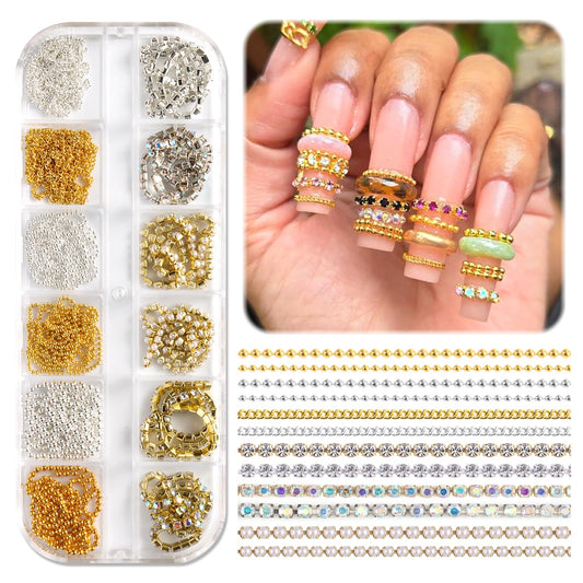 12 Strips Metal Nail Chain Charms, 3D Gold Silver Nail Art Line Accessories, Punk Luxury Pearl Gem Jewelry Chains for Women Girls Manicure Supplies DIY Crafts Decorations