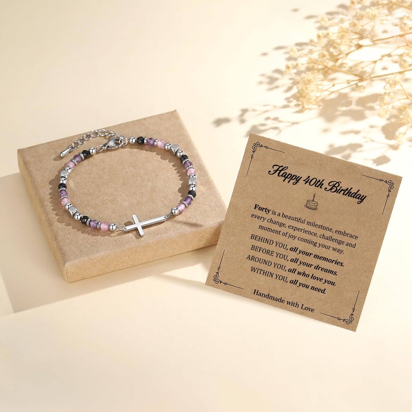 40th Birthday Gifts Women, 40th Birthday Decorations for Women, Dainty Christian Cross Bracelet – Adjustable Anxiety Relief Friendship Jewelry for Friend, Sister, Wife