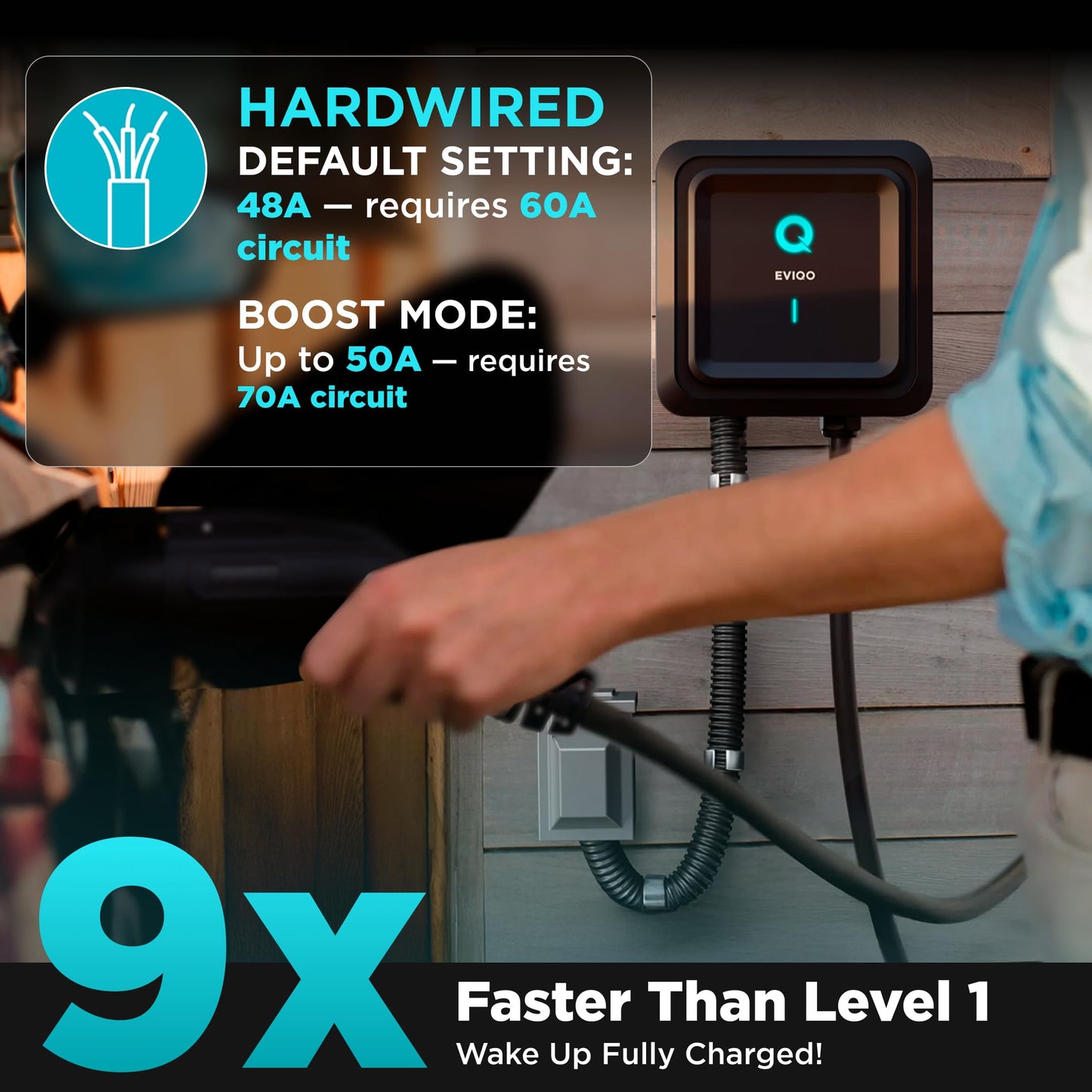 EVIQO Level 2 EV Charger, 40-48 Amp, J1772 for Non-Tesla EVs, 25ft Cable, WiFi (2.4GHz) Smart App, Weatherproof Indoor/Outdoor (IP66, NEMA 4), UL & ETL Certified, Hardwired 240V, 11.5kW
