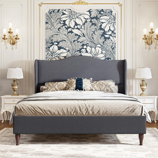 koorlian Queen Bed Frame Upholstered Platform Bed with 51" Tall Headboard Wingback, Soft Fabric, Retro Simple Style No Box Spring Needed, Easy Assembly, Grey