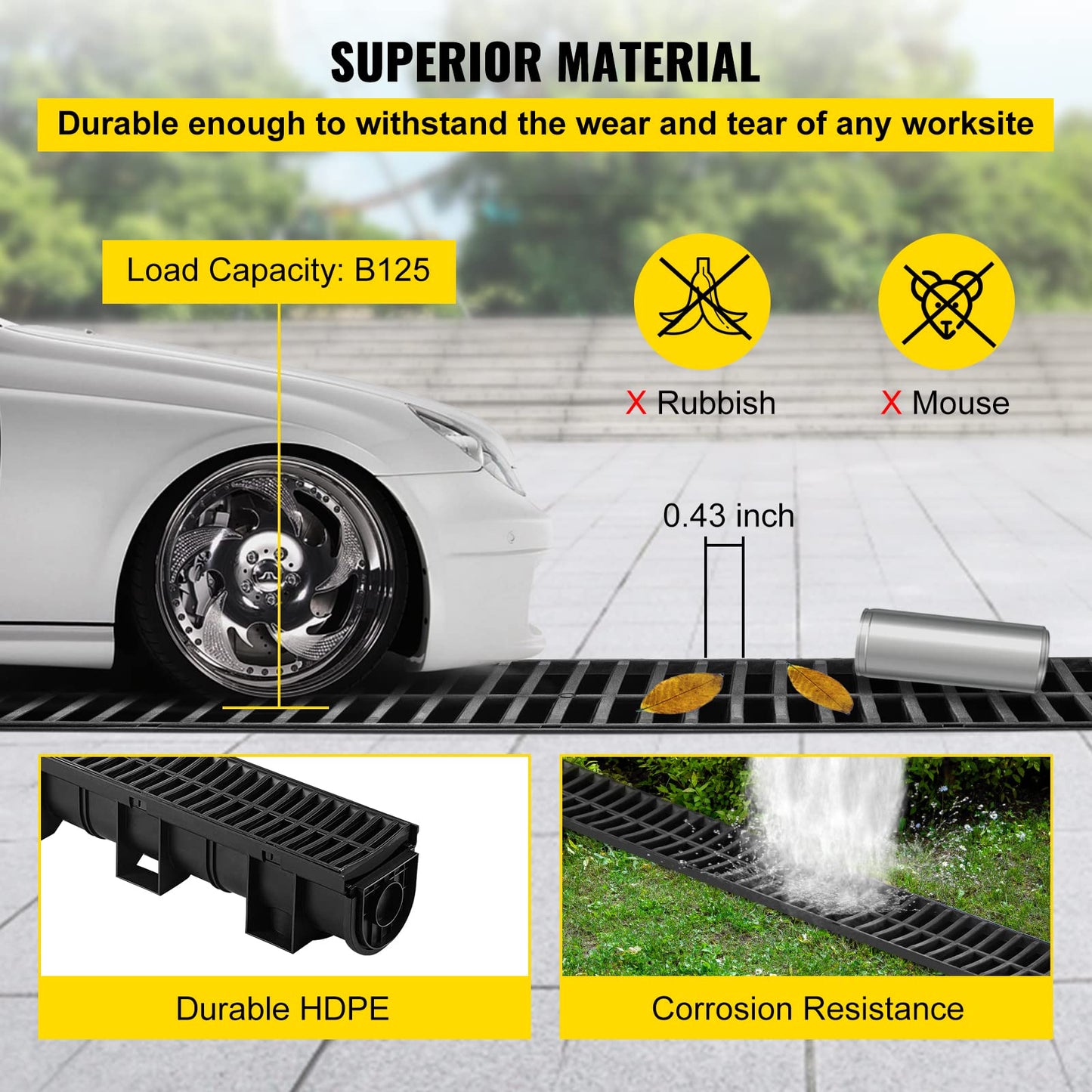 VEVOR Trench Drain System with Plastic Grate, 5.9x5.1-Inch HDPE Channel Drainage for Garden, Driveway - 6 Pack