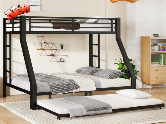 NOAHLEO Stronger & Safer Heavy Duty Metal Twin XL Over Queen Size Bunk Bed with Twin Trundle for Adults Teens, More Stable Thickened Steel Bunkbed (Twin XL Over Queen with Twin Trundle)