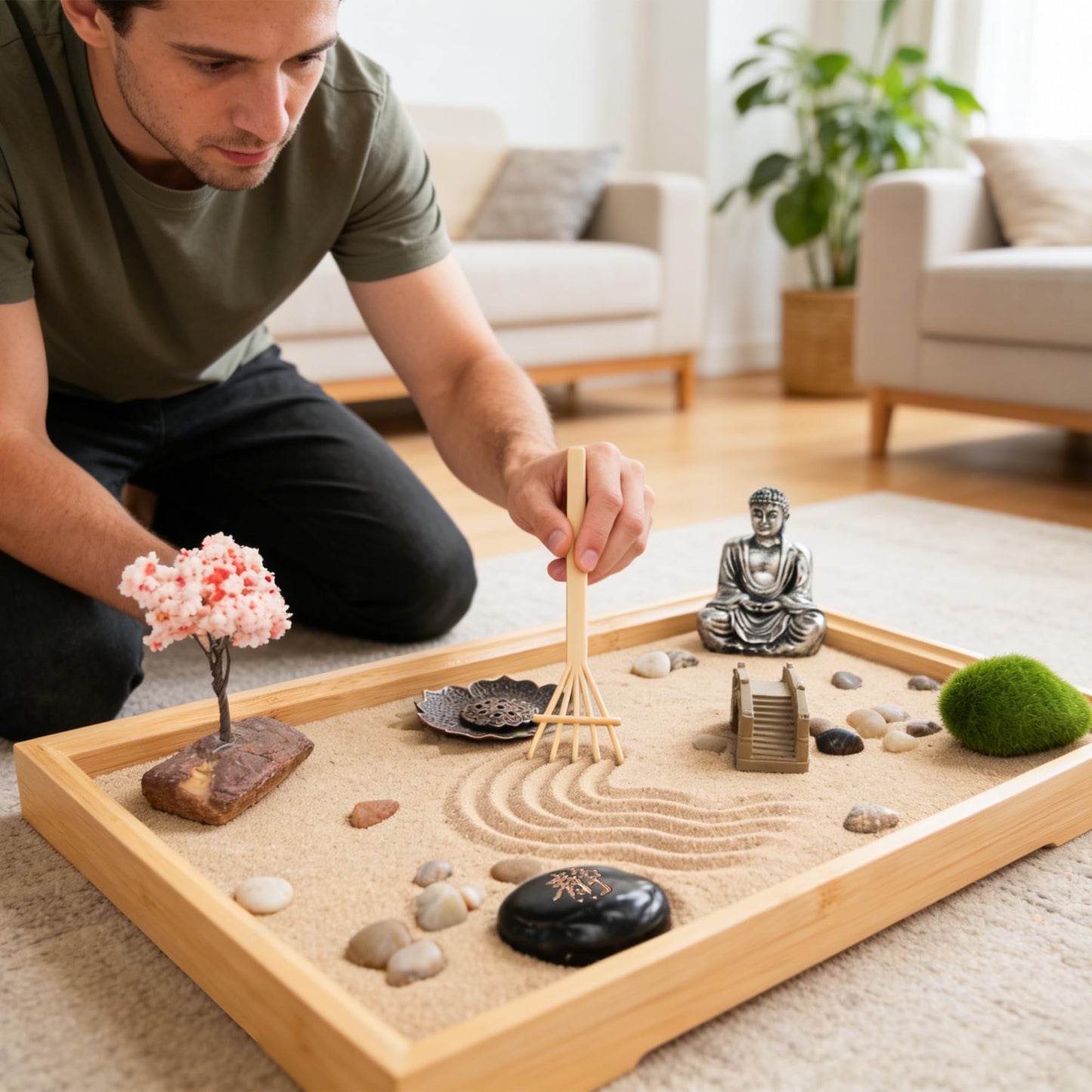 Zeckzoin Zen Sand Garden Kit for Desk with Incense Stick Holder 11"x7.5" 6 Tools, 16 Accessories