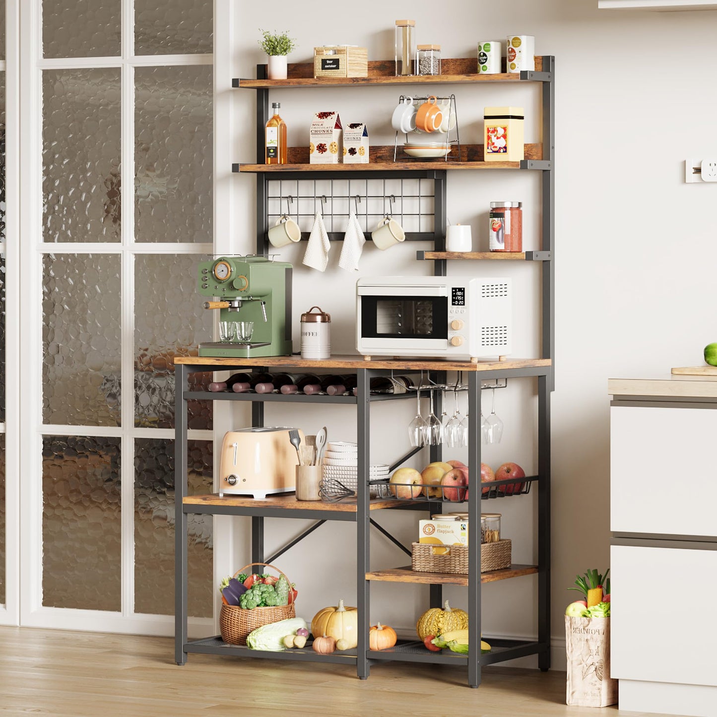 IRONCK Bakers Rack with Power Outlet, 7-Tier Coffee Bar Microwave Stand, Solve Kitchen Clutter with Wine Rack, Wire Basket and Hooks, Rustic Brown