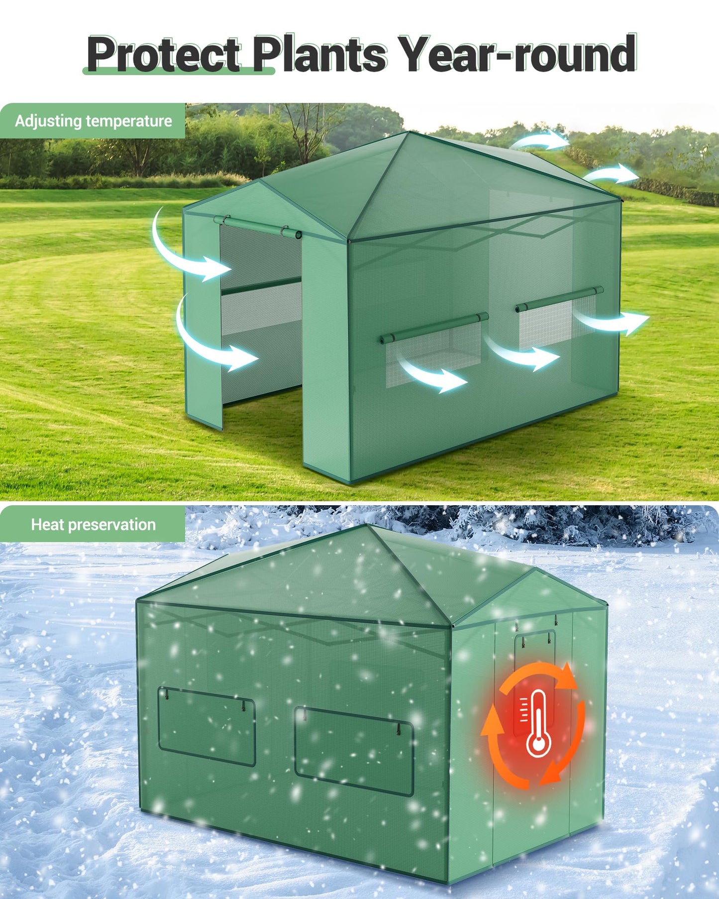 12x8 FT Pops Up Greenhouse, Portable Walk-in Green Houses Kit with Durable PE Cover & Roll-Up Zipper Door - Outdoor Garden Greenhouse for Plants Cold & Frost Protection, Easy Assembly