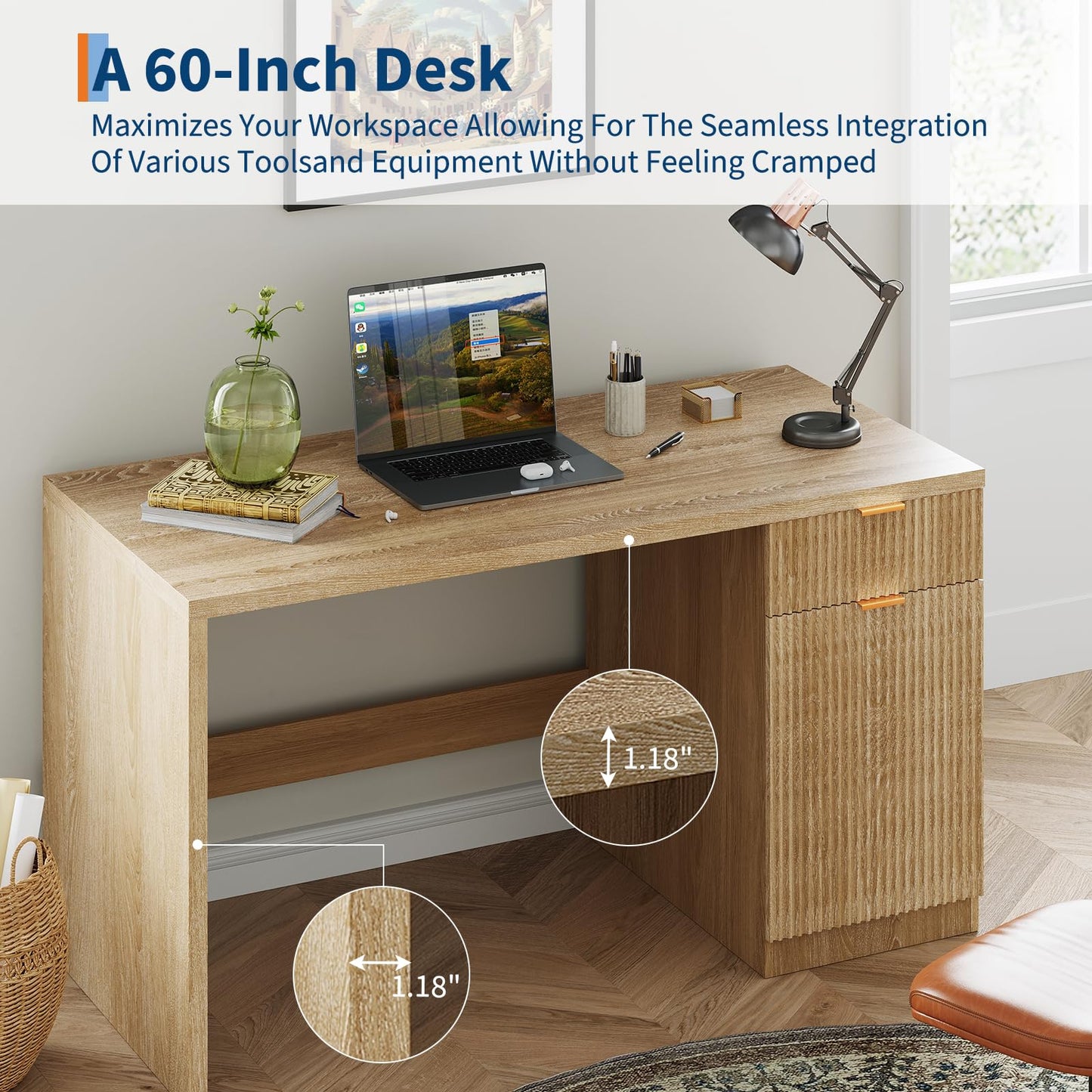 GarveeHome 60" Executive Desk with Storage, Modern Home Office Desk with Drawer & Cabinet, Wood Fluted Computer Desks Workstation Writing Conference Table for Study, Living Room, Bedroom, Natural Oak