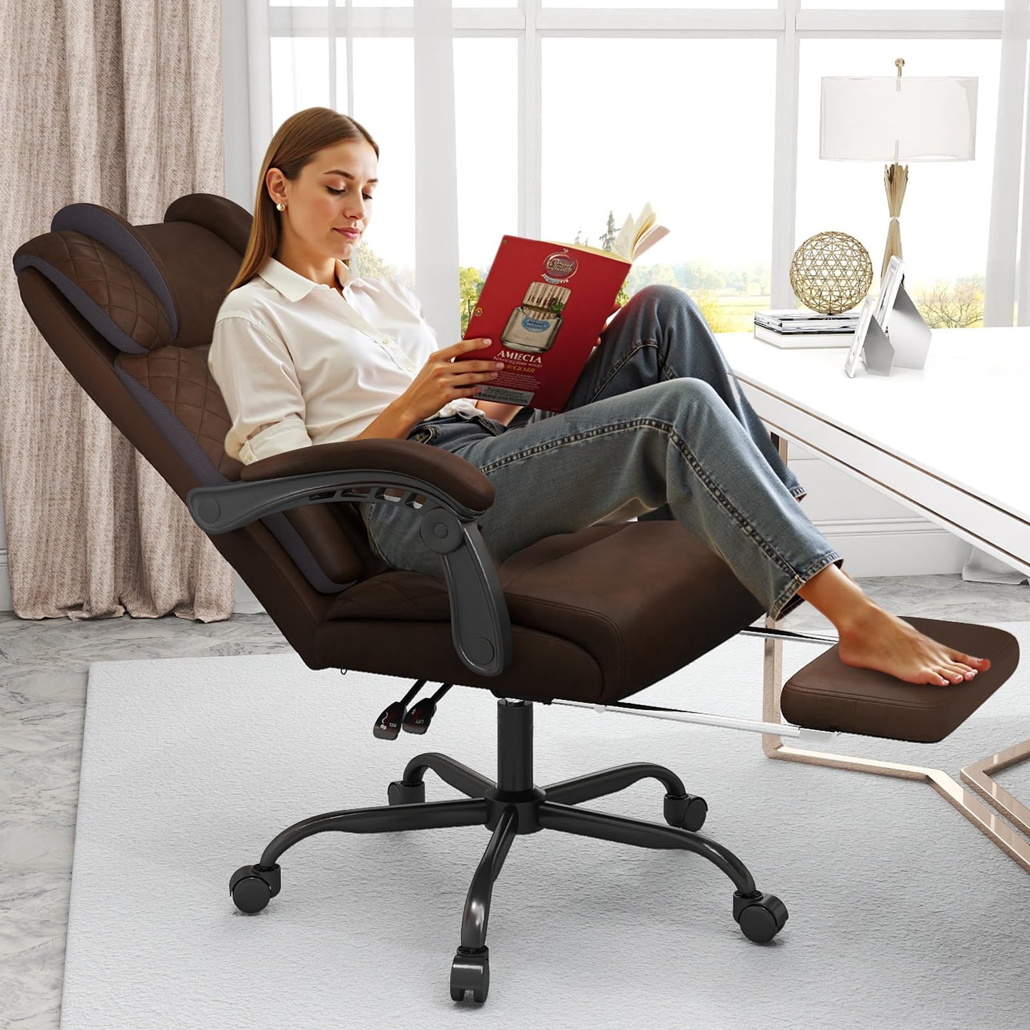 Ergonomic Office Chair with Footrest, 400lbs High Back Executive Home Office Computer Chair with Unique Ear-Shape Headrest for Neck Support,Coffee Leather Office Chairs for Home Office Work