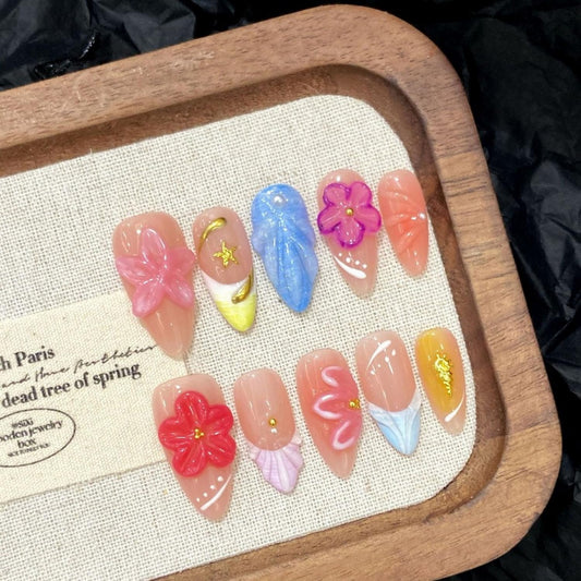 Luxury Press on Nails Medium Almond Handmade 3D Unique Reusable ABS Material Fake Nails French Tip False Nails with Designs Stars Pink Flower Art Petal Glossy Glue on Thick Acrylic Nails(S)