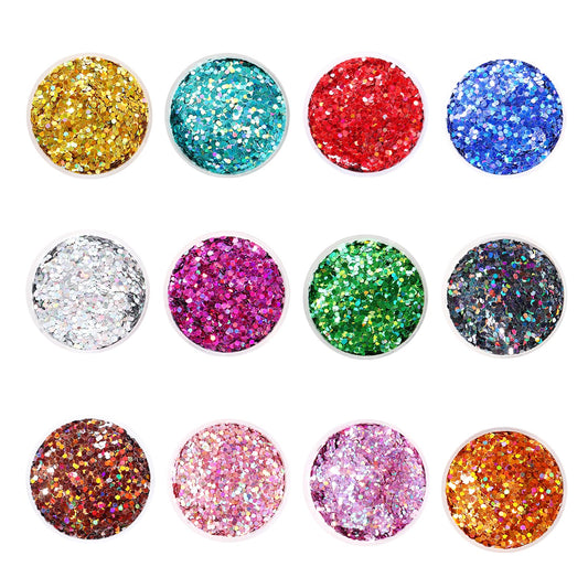 1mm Holographic Hexagon Chunky Glitter for Craft,12 Colors Assorted Chunky Glitter for Resin Arts,Laser Chunky Sequin for Body and Nail Art,Ornament Decoration