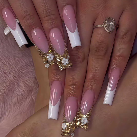 Long Press on Nails Square Fake Nails Gold Acrylic Nail Press Ons Seeneey French Designs Rhinestones Stick on Nail for Women 24pcs