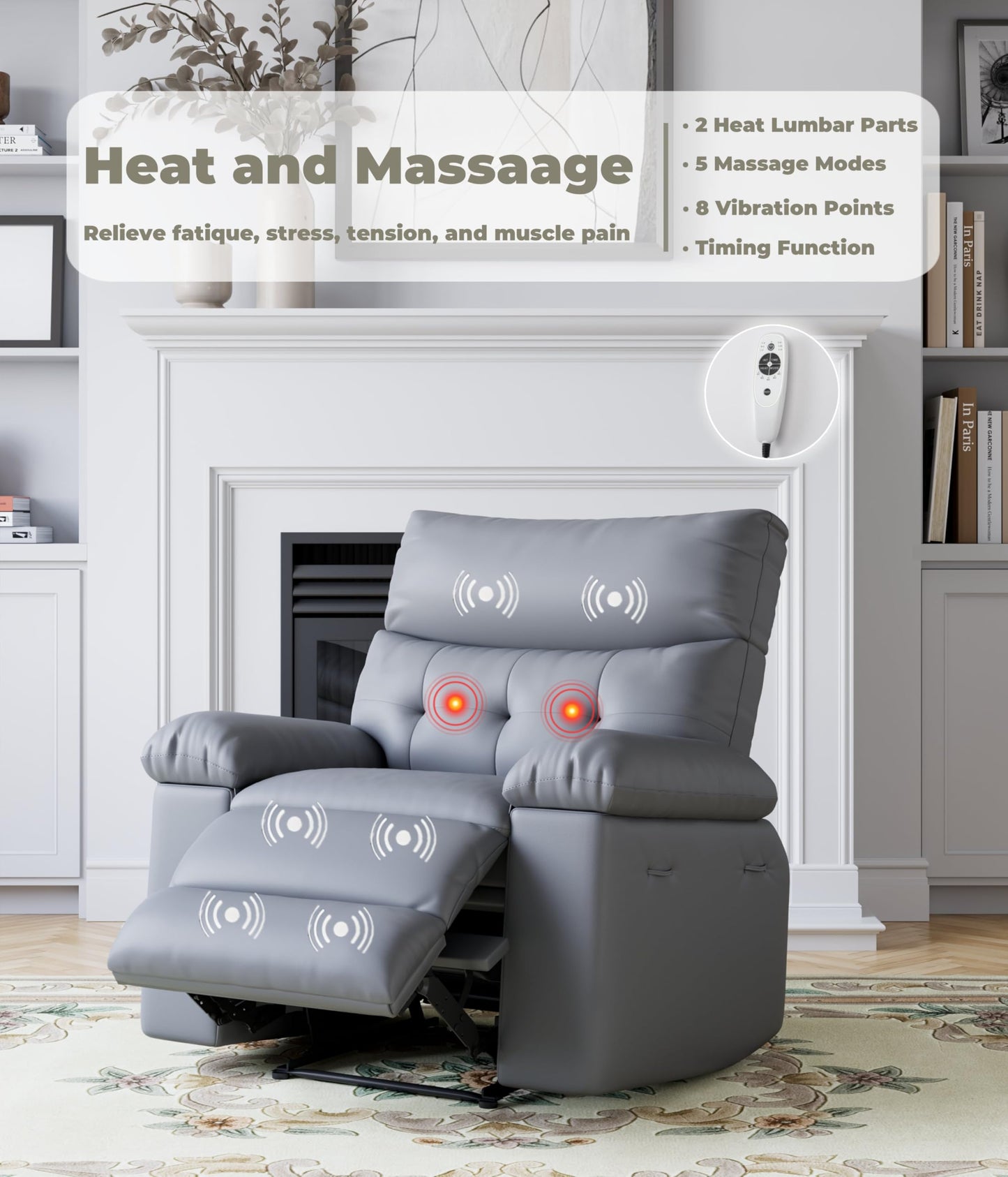 GarveeHome Oversized Wide Recliner Chair - Heat and Massage, PU Leather Extra Wide Manual Recliner for Adults, Large Lazy Chair with 1.5X Sponge Comfort Arm and Back for Living Room, Bedroom