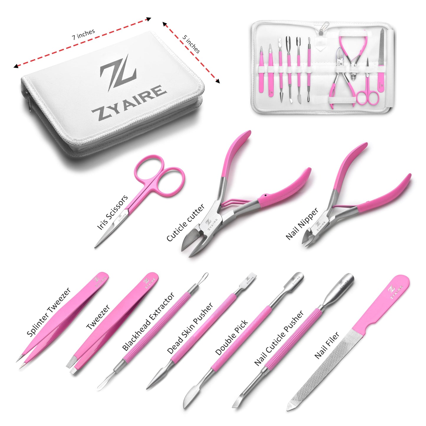 Manicure Pedicure Set - 10-in-1 Stainless Steel Grooming Kit, Personal Care Tools, Nail Nipper, Cuticle Cutter, Scissors, Tweezers, Blackhead Remover, Nail File & Case (Pink)