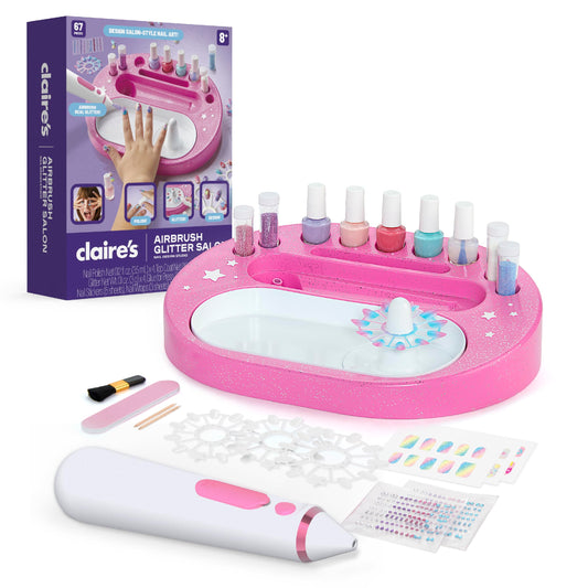 Claire's Kids Nail Art Kit, 67-Piece Airbrush Glitter Salon Nail Charms & Accessories Set, Polish, Press-On Nails, Stickers, Wraps, Girl Toys & Beauty Activity, Manicure Fashion Gift for Girls Age 8+
