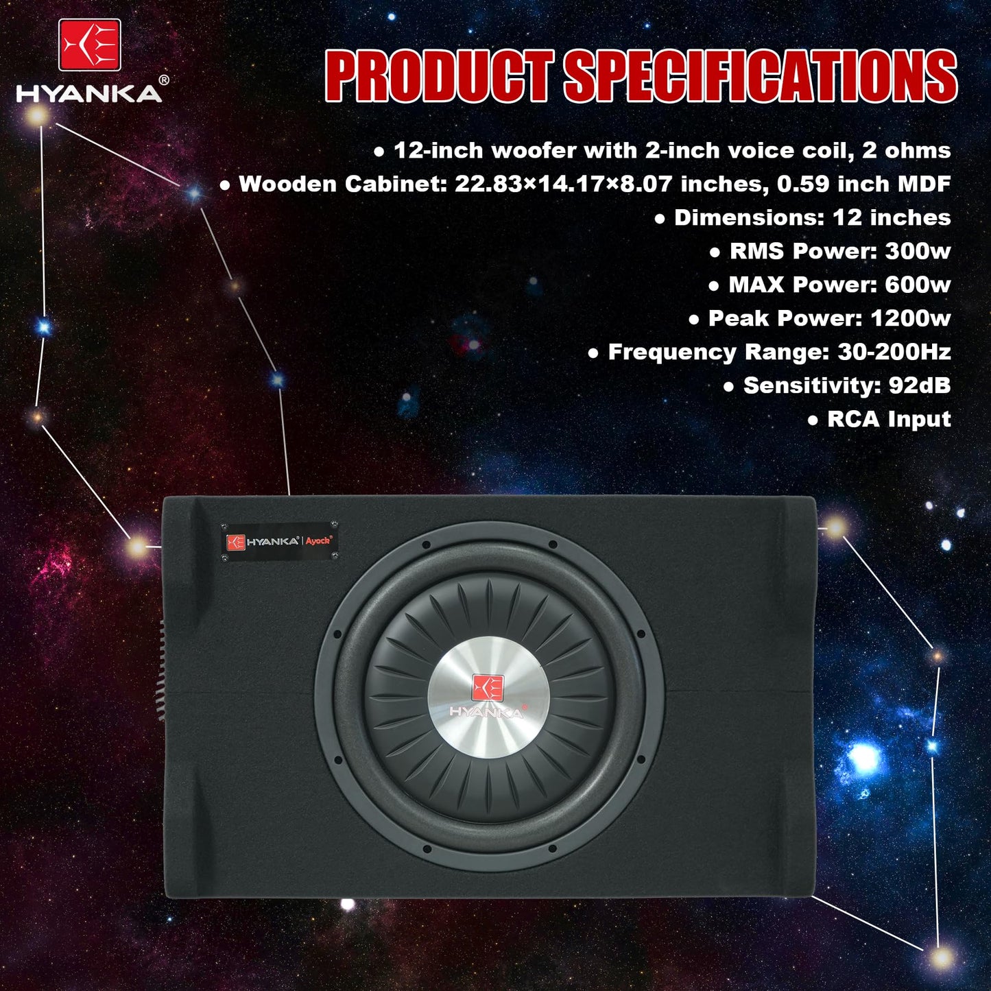 H YANKA SKA-TS12M 12" Compact Active Subwoofer System, 1200W Car Audio Bass Subwoofer, 300W RMS SUB with Built-in Amplifier, Easy Installation, Powerful Deep Bass for Car Trunk
