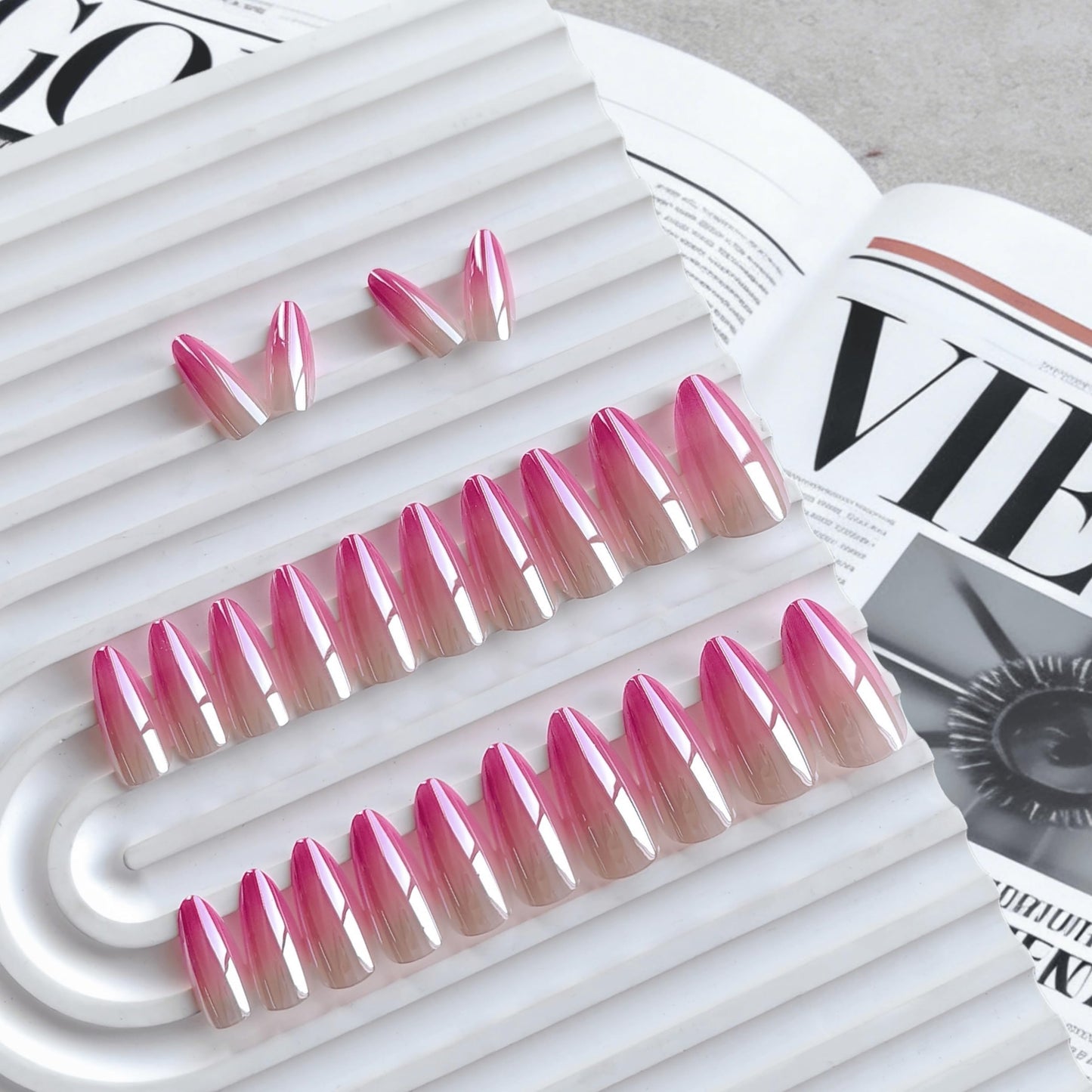 Ombre Hot Pink Press On Nails Almond - KQueenest Chrome French Press On Nails Medium, Glazed Soft Gel Fake Nails Press ons, Glitter Glue on Nails Medium Stiletto, Stick On Nails for Women, 24 Pcs