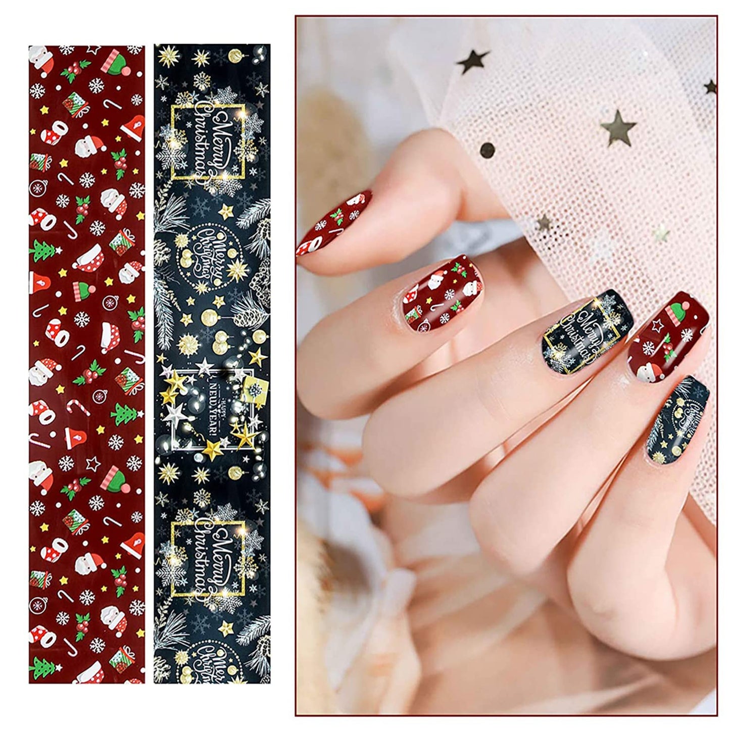 Onsdag Holographic Nail Foil Transfer Stickers Decals, Winter Christmas Polish Sheets Sky Starry Paper Foils Snowflake Nails Supplies for Glue Women Manicure Film Decorations
