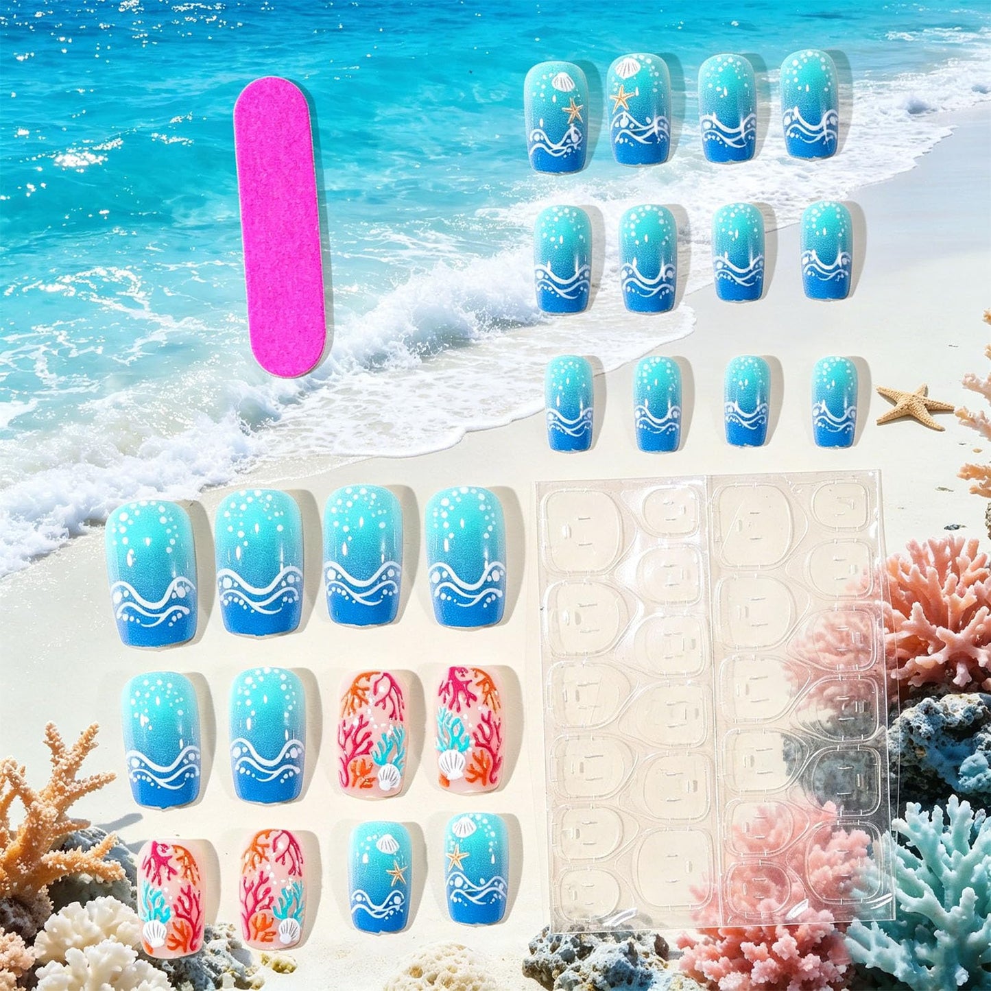 Summer Ocean Press on Nails, Medium Square Fake Nails with Starfish and Seashell Design, Glossy Gradient Blue False Nail Coral Stick on Artificial Nail for Women Beach Vacation, Reusable Acrylic Nail