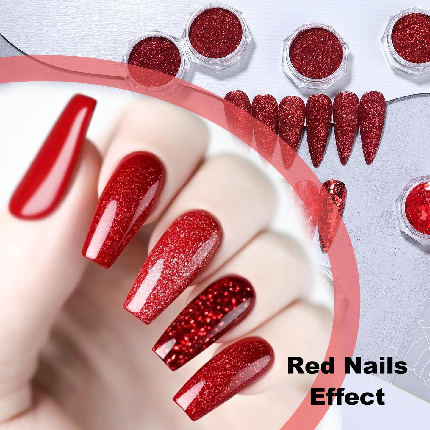New Year Red Nail Art Glitters Nail Sequins 12 Boxes Holiday Nail Glitter Flakes 3D Red Series Hexagon Sugar Designs Nail Art Decoration Dipping Powder for Nails Supplies DIY Craft Accessories