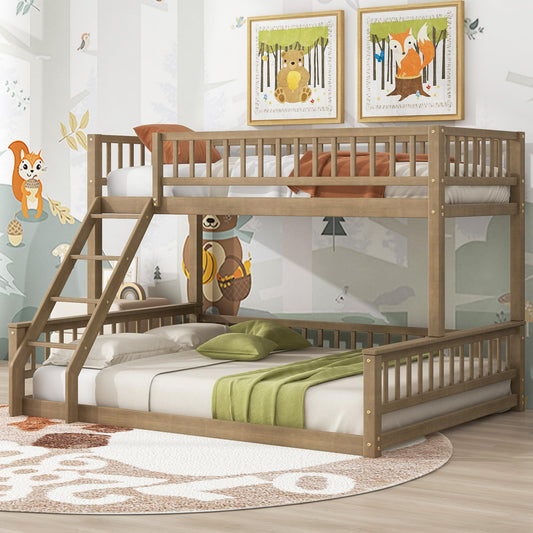 Merax Twin XL Over Queen Floor Bunk Bed with Ladder and Guardrails, Bedroom Wood Bunk Bed Frame for Kids/Teens/Youths/Adults, Space Saving & Noise Free, No Box Spring Needed, Walnut Brown