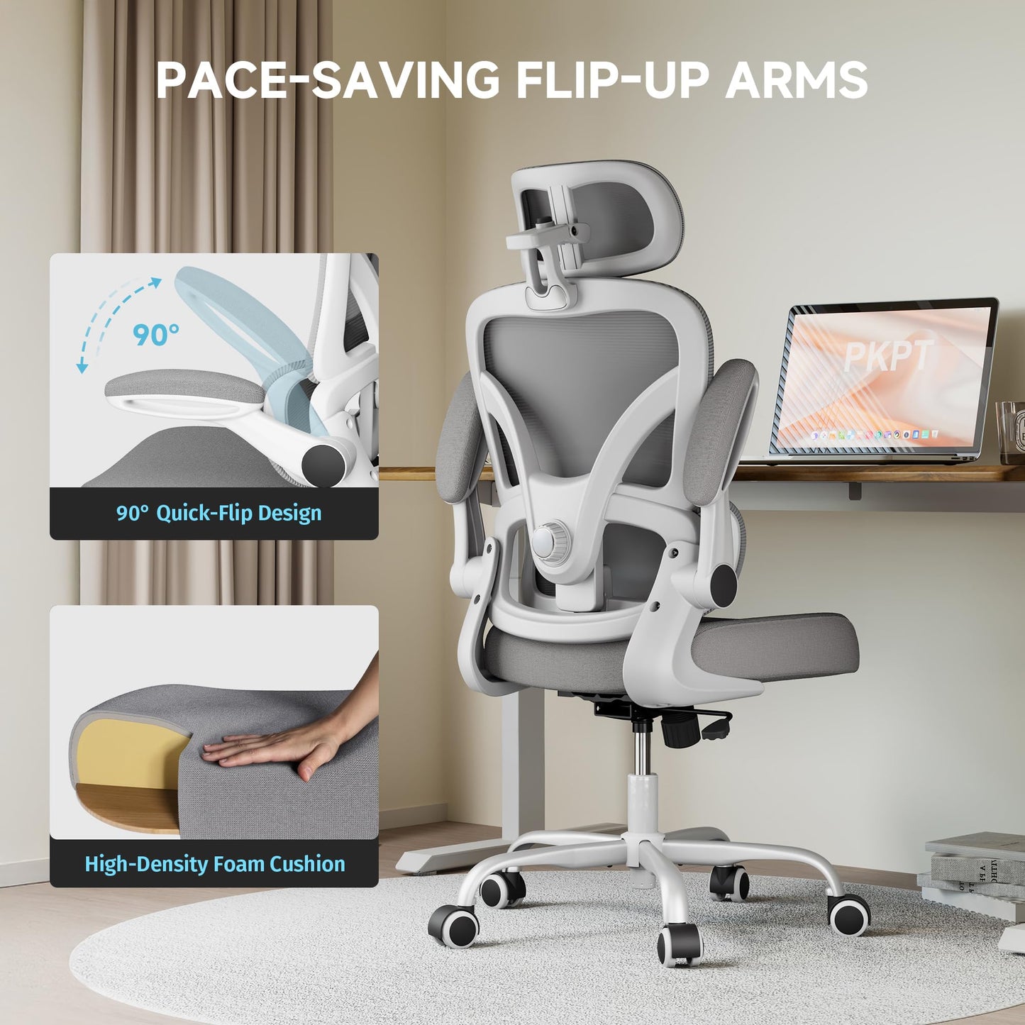 PKPT Ergonomic Office Chair, 330LBS Desk Chair with 3-Level Lumbar Support & Headrest, Breathable Mesh Backrest, Flip-Up Armrests for Home Office and Gaming, White and Gray