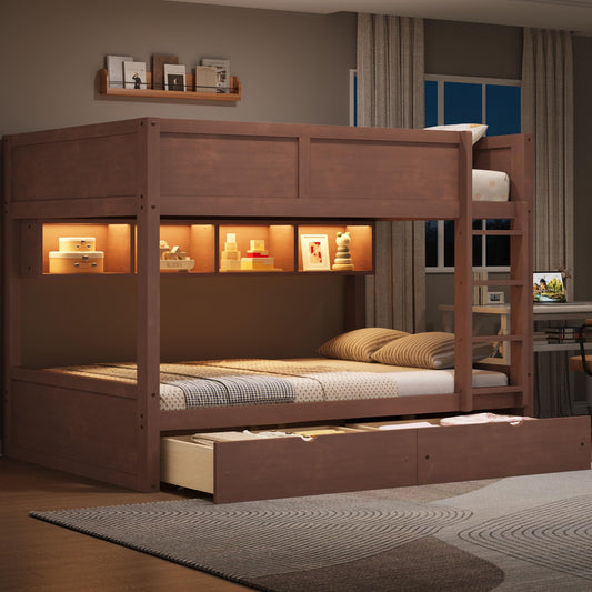 Merax Full XL Over Full XL Wood Bunk Bed Frame with Ladder,Storage Shelves & Drawers for Teens, Modern Low Bunk Bed with Solid Slats, Guardrail, No Box Spring Required, Easy Assembly, Brown