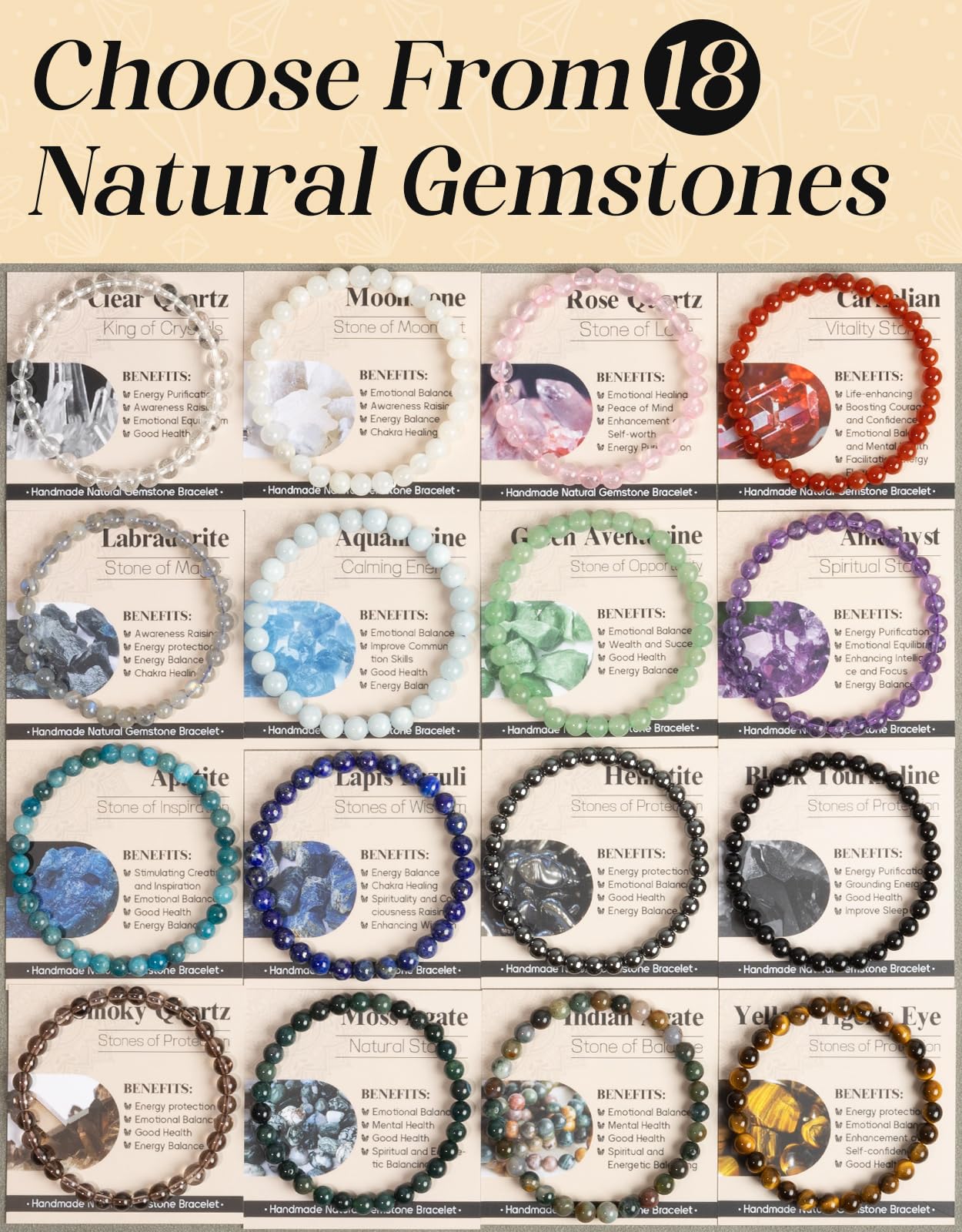 Landorilo Beaded Bracelet for Men Women, 6mm Natural Stone Lapis Lazuli Healing Crystal Stretch Bracelets, Ideal Christmas Birthday Jewelry Gifts with Energy Card，Replacement Beads Included