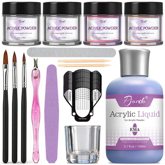 Pjordo Acrylic Nail Kit, 5.1fl. oz Acrylic Liquid with 3 Sizes Nail Brush, Files, Forms & 4 Powders for Nail Extension, Not Easily Yellowed Acrylic Nail Kit for Beginners & Salon DIY Home Nail Art