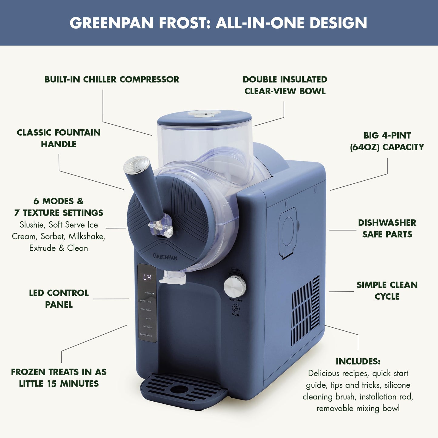 GreenPan Frost Ice Cream Maker & Slushie Machine, Soft Serve, Sorbet, Margaritas, Milkshakes, Frozen Yogurt, No Pre-Freezing, Ready in 15 Mins, 6 Modes, 7 Textures, Self-Cleaning, Family Size, Blue