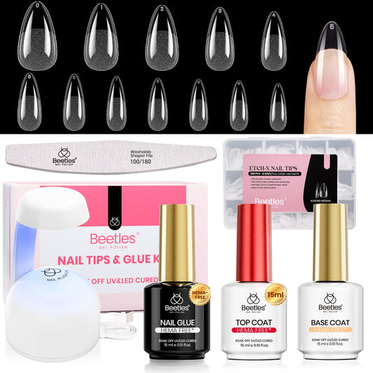 Beetles Gel Nail Kit Etch-X, Almond Medium, 288pcs 12 Sizes Nail Tips, 3Pcs 15ml HEMA-Free Nail Glue Top Coat & Base Gel Set, with Mini Lamp, Press On Nail, Long Lasting Extension DIY Set at Home