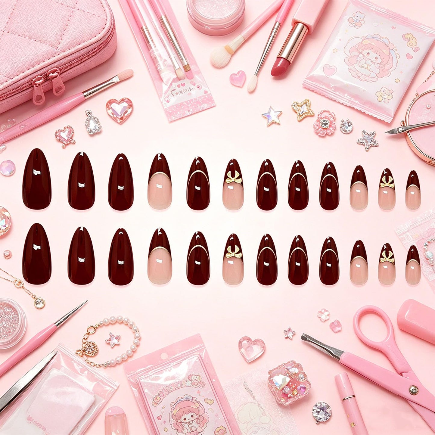 Burgundy Nude Press on Nails Glossy Gold Bow Medium Almond Fake Nail French Tips False Nails with Metallic Line Design Elegant Stick on Nail Simple Glue on Artificial Fingernails for Women Daily Wear