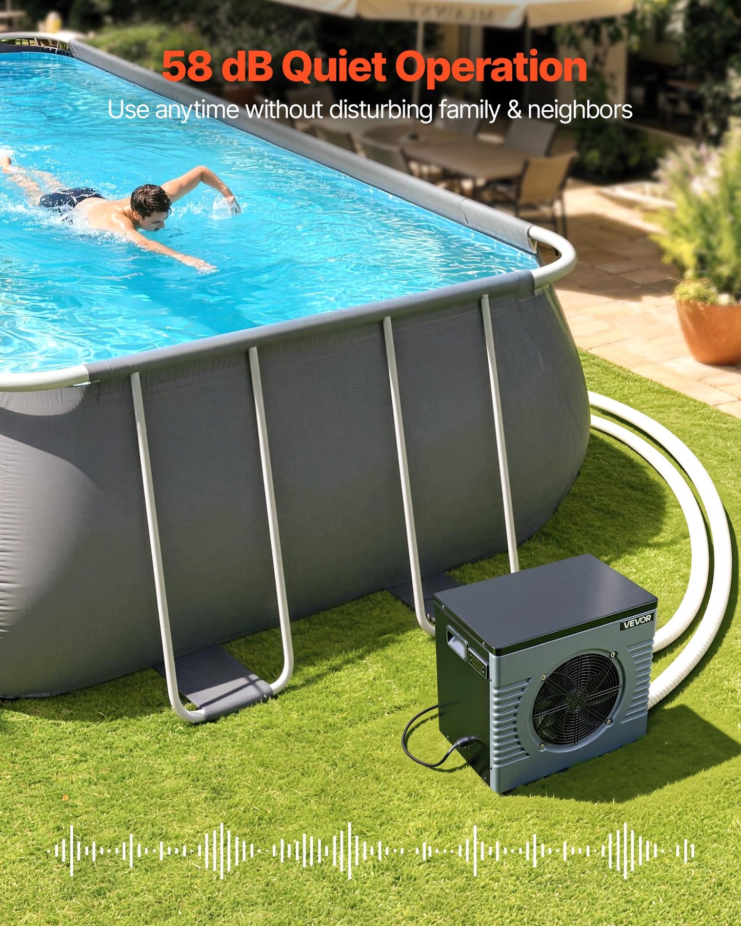 VEVOR 14710 BTU Pool Heat Pump, Electric Pool Heater for Above Ground Up to 3962 Gallons, Max COP 5.13, Heating & Cooling Dual Mode, Low Noise Smart Inverter Compressor, GFCI Protection for Swimming