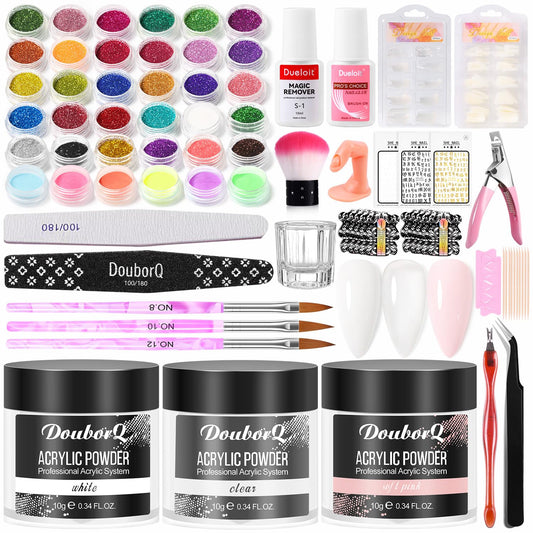 Acrylic Nail Kit -Clear White Pink Acrylic Powder with Nail files Brushes Nail Tips Nail Supplies Starter for Women Home & Salon
