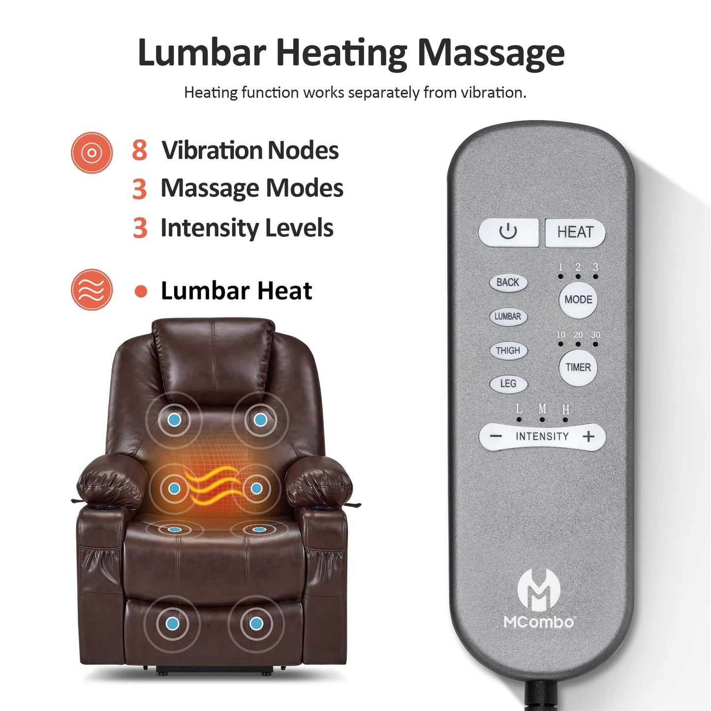 MCombo Large Power Lift Recliner Chair with Massage and Heat for Tall Elderly People, 3 Positions, Cup Holders, and USB Ports, Faux Leather 7516 (Large, Dark Brown)