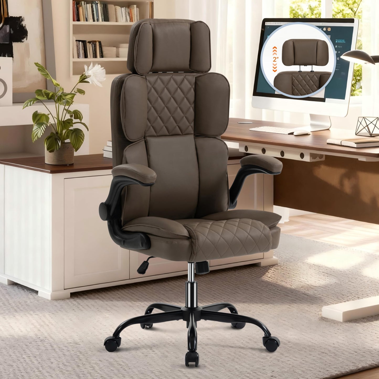 Office Chair with Adjustable Headrest - Executive Leather Desk Chair for Home Office, with Flip-Up Arms & Ergonomic Lumbar Support, Perfect for Work and Study, Brown