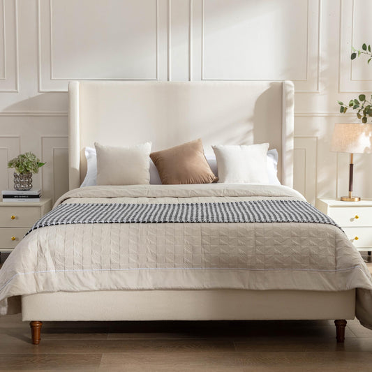 GDFStudio Tall Headboard Upholstered Bed,Queen Size Platform Bed Frame with Headboard Wingback,54" High No Box Spring Needed Easy Assembly Elegant Simplicity Ivory Boucle